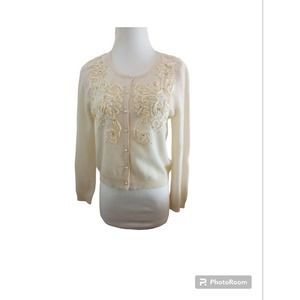 LAUNDRY SHELLI SEGAL 100% Cashmere Cream Button Pearl Bling Cardigan Size L
